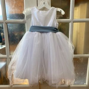 Girl’s Flower Girl Dress, size 5, White with Dusty Blue ribbon